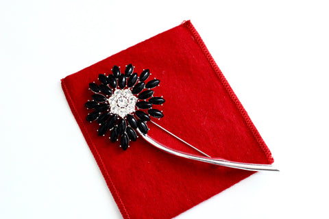 GIVENCHY black Flower brooch w / clear  rhinestones