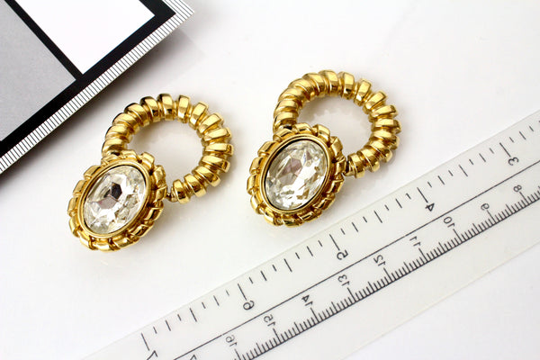 Vintage Statement 1980s GIVENCHY Clear Crystal  Drop  Earrings  clip on