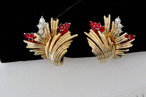 Singed Marcel BOUCHER Floral style Earrings clip on  with Siam Red  and clear  rhinestones