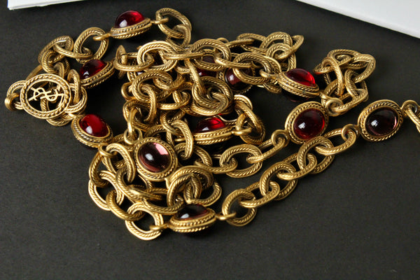 Vintage YSL Yves Saint Laurent Chain Necklace with Gripoix style glass Red and Purple cabochons
