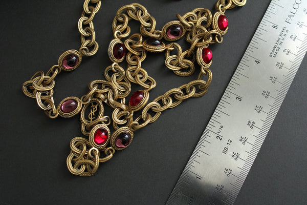 Vintage YSL Yves Saint Laurent Chain Necklace with Gripoix style glass Red and Purple cabochons
