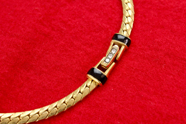 Vintage Daniel Swarovski DS Co Logo Black enamel necklace with clear Rhinestones
