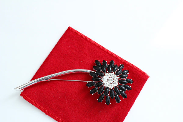GIVENCHY black Flower brooch w / clear  rhinestones