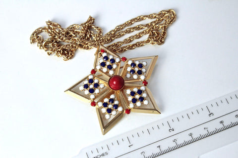 HOBE Patriotic Star Brooch/  necklace  with   faux red, blue and white  stones #904