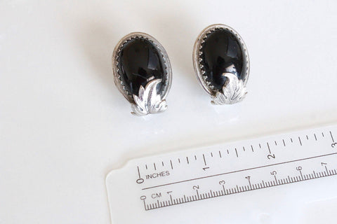 Signed WHITING & DAVIS silver  Tone Black Glass  Leaf  Earrings Clip on #245