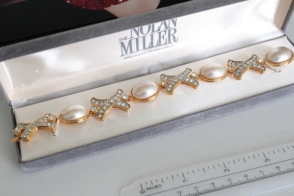 Glamour  Nolan Millers Gold Tone Crystal Bracelet  with faux Pearls #1182