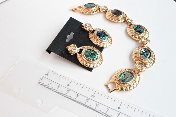 Unsigned  Iridescent resin cabochons   Bracelet and  Earring set with clear  rhinestones #1936/1