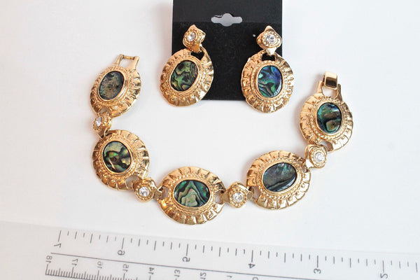 Unsigned  Iridescent resin cabochons   Bracelet and  Earring set with clear  rhinestones #1936/1