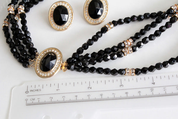 1960s Signed HOBE Necklace  & earrings with Jet Black Glass Crystals  #1014