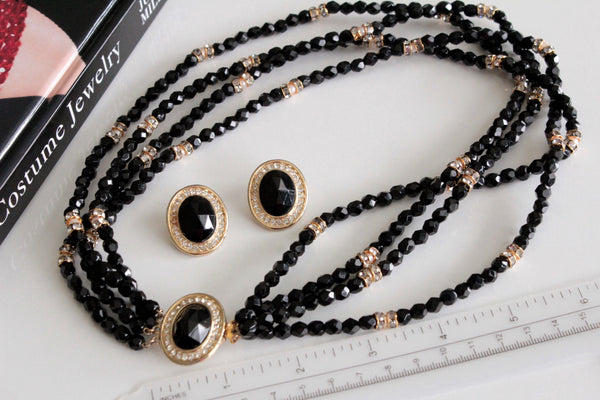 1960s Signed HOBE Necklace  & earrings with Jet Black Glass Crystals  #1014