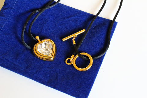 Escada Glass Heart  Necklace  / black  silk cord #2061