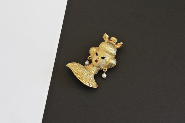 BSK vintage Oriental Asian Girl / Princess  with Faux pearl earrings  #2099