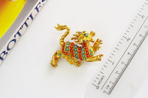 De Nicola Goldtone faux Coral and Turquoise  Dragon Pin Brooch  #2265