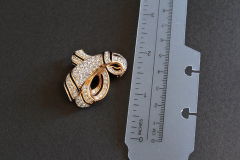 SWAN  logo Swarovski Black Enamel Bow   Brooch Pin with clear  rhinestones  #1440