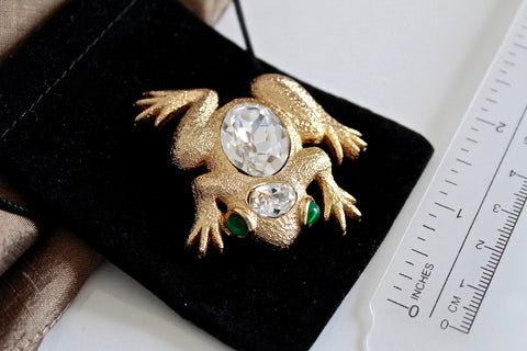 Dior Crystal Frog Figural Brooch Rhinestones s and Green Gropoix cabochons