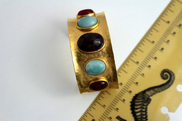Dramatic Unsigned fashion  gold tone Cuff bracelet with Carnelian and  Turquoise