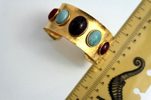 Dramatic Unsigned fashion  gold tone Cuff bracelet with Carnelian and  Turquoise