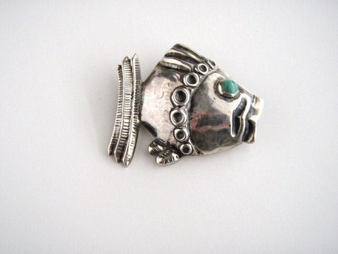 STERLING SILVER Barrera Turquoise Fish Pin Brooch