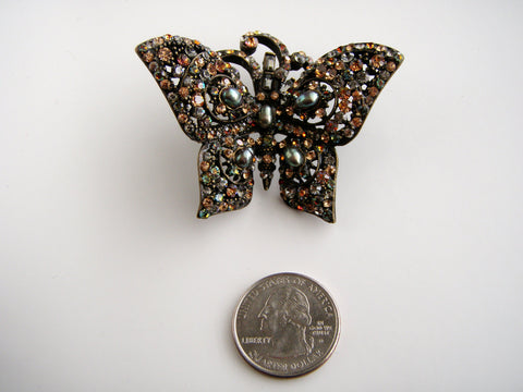Gorgeous Barrera signed Bronze tone Multi color Rhinestones Butterfly Brooch #2353
