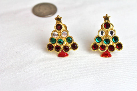 Multicolored Stone Gold Toned Cmas Tree Earrings #382