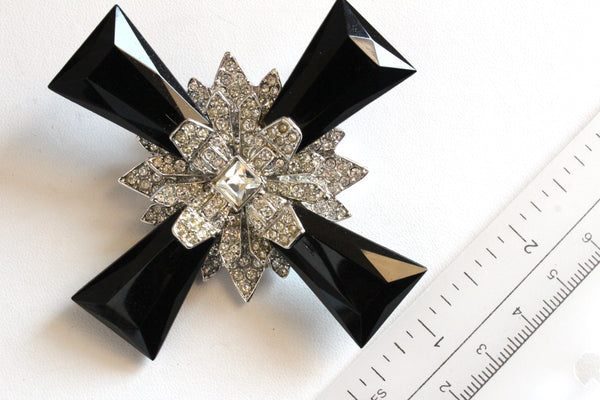 Kenneth Lane KJL Black Acrylic  Cross Brooch/ Pendant with clear  rhinestones