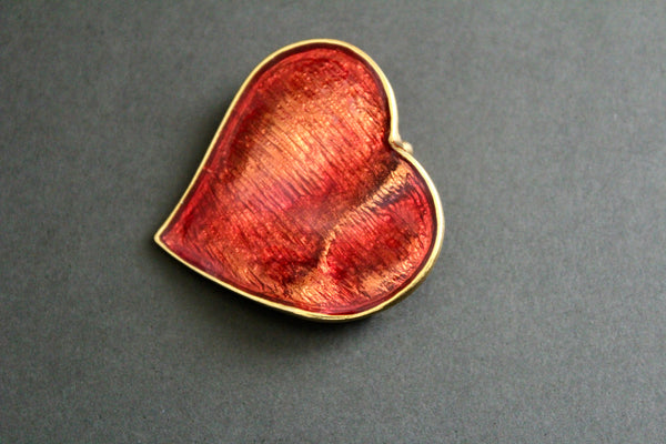 YSL Yves Saint Laurent, France Red/ Orange Enamel Heart brooch #2821