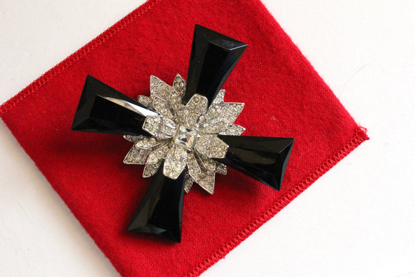 Kenneth Lane KJL Black Acrylic  Cross Brooch/ Pendant with clear  rhinestones
