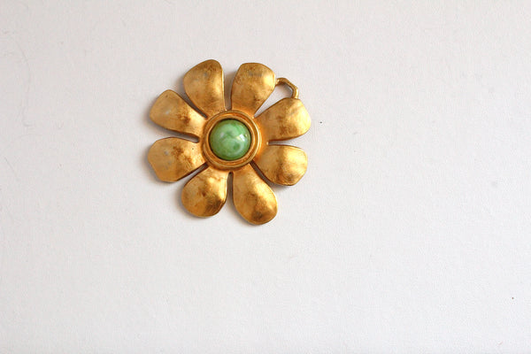 Signed Karl Lagerfeld Matte Goldtone Floral  pendant with green  cabochon #2880