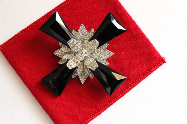 Kenneth Lane KJL Black Acrylic  Cross Brooch/ Pendant with clear  rhinestones