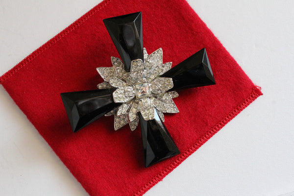 Kenneth Lane KJL Black Acrylic  Cross Brooch/ Pendant with clear  rhinestones