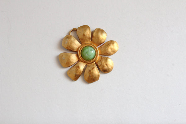 Signed Karl Lagerfeld Matte Goldtone Floral  pendant with green  cabochon #2880