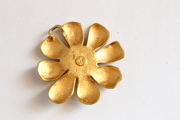 Signed Karl Lagerfeld Matte Goldtone Floral  pendant with green  cabochon #2880