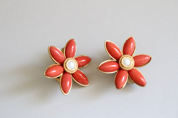 1970s Christian Lacroix Faux coral  Flower  Earrings  clip on  in gold metal  #2855