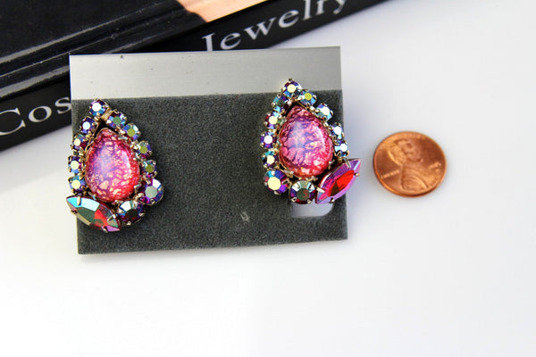 Unsigned Dragon Breath Teardrop Clip-on Earrings with AB  Rhinestones #605