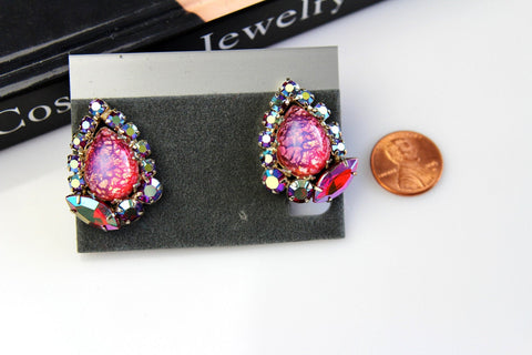 Unsigned Dragon Breath Teardrop Clip-on Earrings with AB  Rhinestones #605