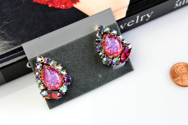 Unsigned Dragon Breath Teardrop Clip-on Earrings with AB  Rhinestones #605