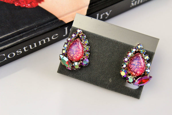 Unsigned Dragon Breath Teardrop Clip-on Earrings with AB  Rhinestones #605