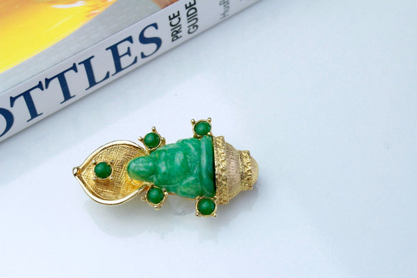 Hattie Carnegie Green Peking Glass / Faux Jade  Buddha  brooch  # 738