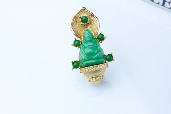 Hattie Carnegie Green Peking Glass / Faux Jade  Buddha  brooch  # 738