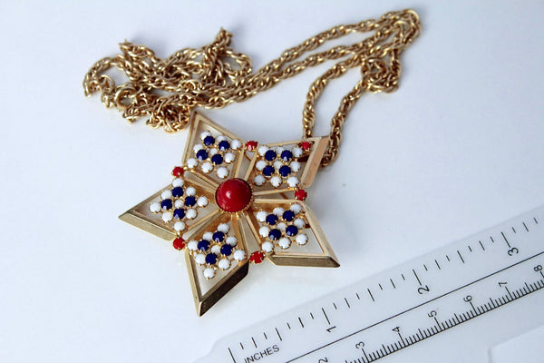 HOBE Patriotic Star Brooch/  necklace  with   faux red, blue and white  stones #904
