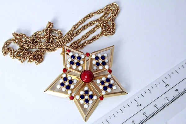 HOBE Patriotic Star Brooch/  necklace  with   faux red, blue and white  stones #904