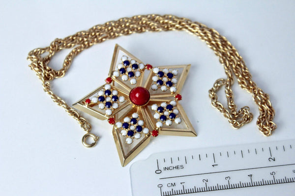 HOBE Patriotic Star Brooch/  necklace  with   faux red, blue and white  stones #904