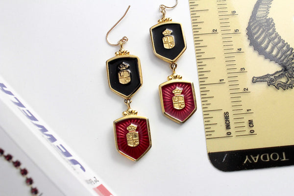 LC Heraldic  Black and Red enamel pierced   earrings #1079