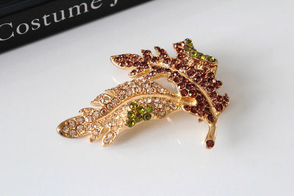 KJL Kenneth Jay Lane  Leaf Brooch/Pin 1970s with Red, Peridot and Topaz    rhinestones brooch #2027