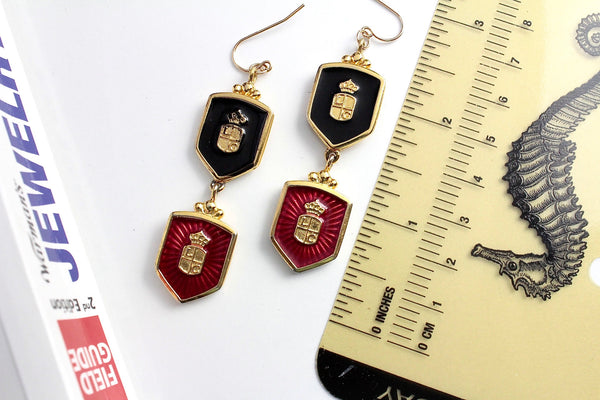LC Heraldic  Black and Red enamel pierced   earrings #1079