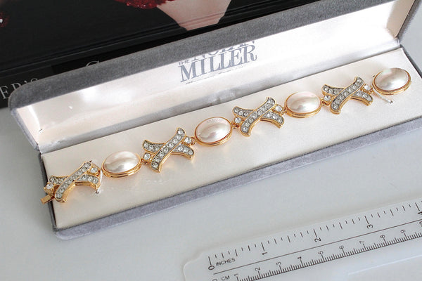 Glamour  Nolan Millers Gold Tone Crystal Bracelet  with faux Pearls #1182