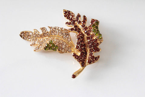 KJL Kenneth Jay Lane  Leaf Brooch/Pin 1970s with Red, Peridot and Topaz    rhinestones brooch #2027