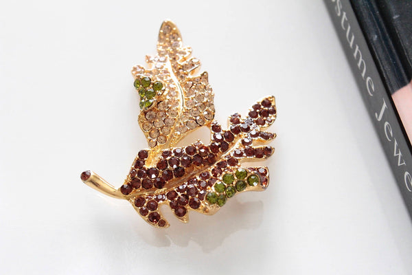 KJL Kenneth Jay Lane  Leaf Brooch/Pin 1970s with Red, Peridot and Topaz    rhinestones brooch #2027