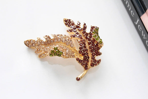 KJL Kenneth Jay Lane  Leaf Brooch/Pin 1970s with Red, Peridot and Topaz    rhinestones brooch #2027