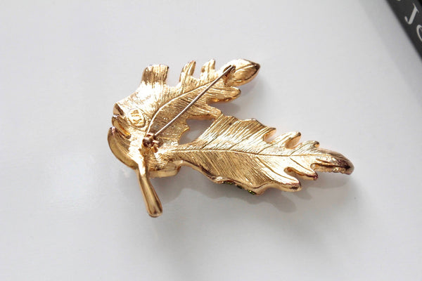 KJL Kenneth Jay Lane  Leaf Brooch/Pin 1970s with Red, Peridot and Topaz    rhinestones brooch #2027